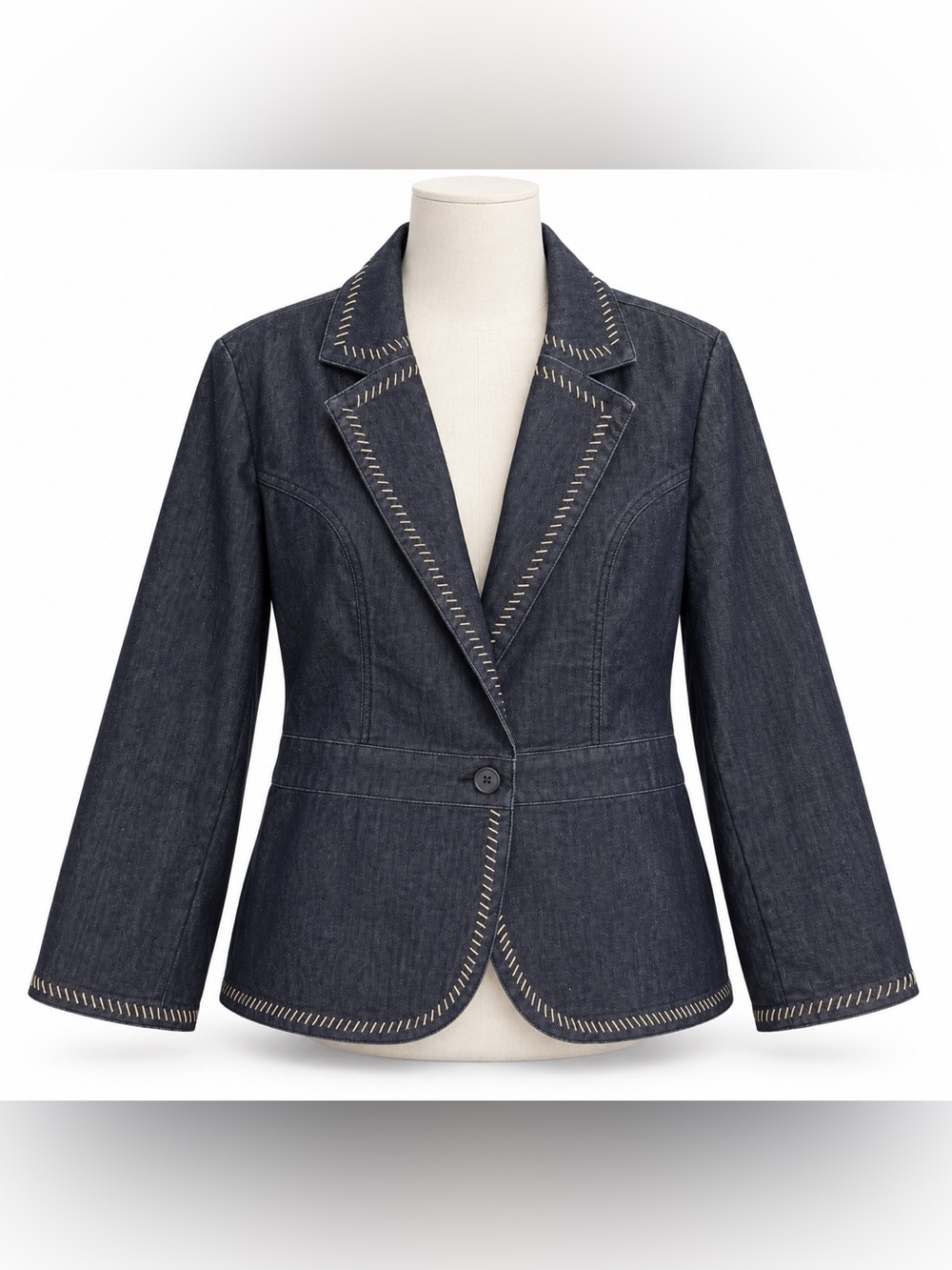 Apostrophe Denim Indigo Blazer Jacket Whipstitch Detail Size 10 Jean Jacket